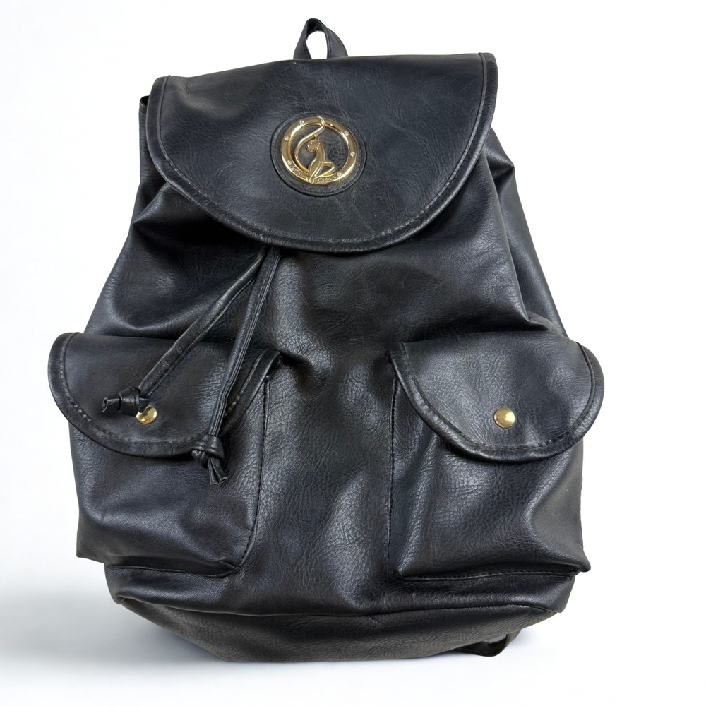 Vtg Baby Phat Backpack Womens OS Black Faux Leather Y2K Cat Logo Gold Hardware